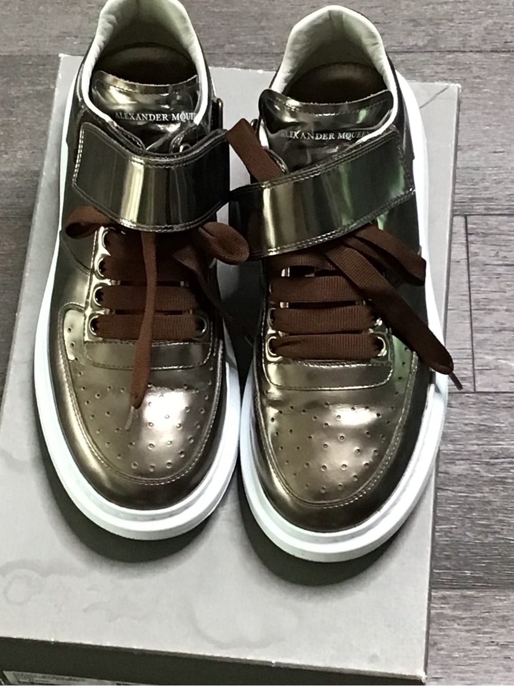Alexander McQueen Bronze Metallic High-Top Sneakers with Brown Laces
